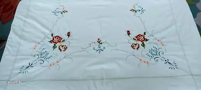 Vintage Embroidered Floral Ivory Cotton Tablecloth 128  In X 80  In Zig Zag Hem • $23