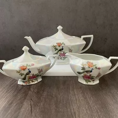 Vintage Victoria China 5-piece Tea Set Peacock White Iridescent Czechoslovakia • $63