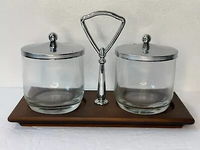 Vintage MCM Anchor Hocking Glass & Wood Condiment Set • $12