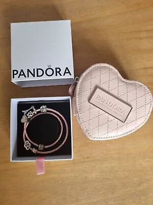 Pandora Leather Bracelet With X6 Charms And Pink Jewellery Box • £50