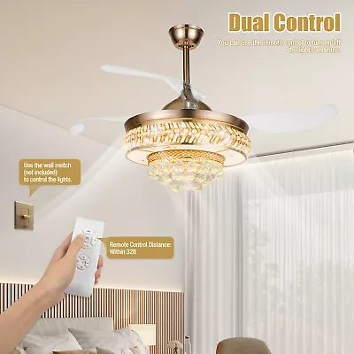 42  Crystal Chandelier Retractable Gold LED Invisible Ceiling Fan Light Remote • $121.60