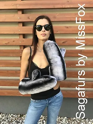 Rex Rabbit Full Fur Mittens.Chinchilla Print Solid Double Side Fur Mittens • $220