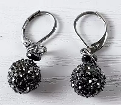 Vintage Gray Marcasite Ball Earrings Drop Pierced Leverback Silver-Tone 0.25  • $12