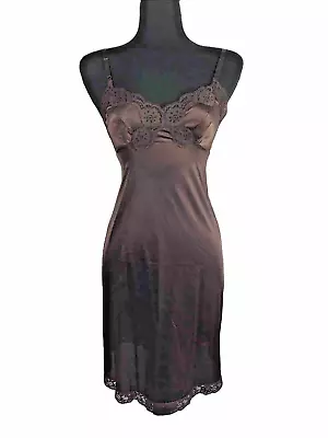 Vintage Vassarette  Full Slip 32F Brown Lace Trim Underneath It All Antron Nylon • $32