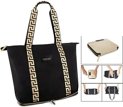 Versace Parfums Folding Tote Bag Black Gold Handbag Travel Case Faux Leather New • $44.99