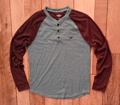 Men's Hollister Grey & Aqua Blue Raglan Henley Neck L/S Top - Size Small • £5.99