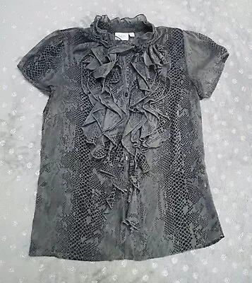 £9.85 • Buy Saint Tropez Blouse Grey Ruffles Cap Sleeve Size 10 Sheer Shirt Snake Skin