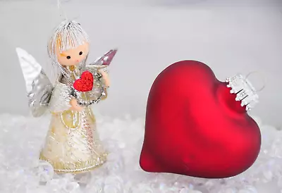 Red Heart Glass Ornaments + Vintage Tinsel Angel Christmas Ornament • $11.99