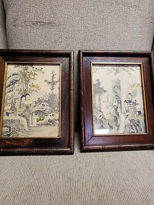 2 Vintage Asian Girl Prints Hand Colored Wood Bamboo Style Frame 10 1/2 X8 1/2 • $67.50