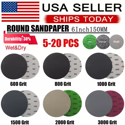 6inch Hook Loop Sanding Discs Wet Dry Sandpaper 600 800 1000 1500 2000 3000 Grit • $12.98