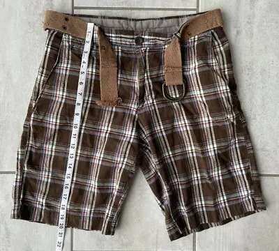 J. Ferrar Mens Chinos Shorts Brown White Plaid Flat Front Modern Fit Pockets 32 • $11.04