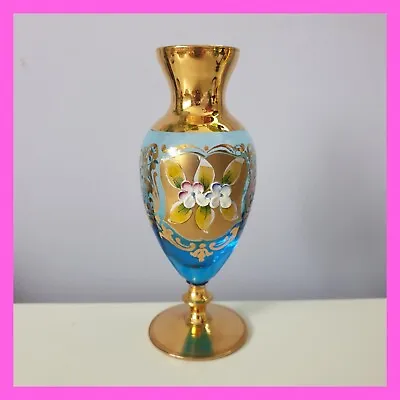 Vintage Bohemian Czech Moser Blown Glass Vase Urn Pedestal Blue Gold Flowers 6  • $59.90