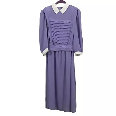 Vintage Purple Pleated Long Sleeve Puff Shoulder Belted Peter Pan Collar Dress • $24.55