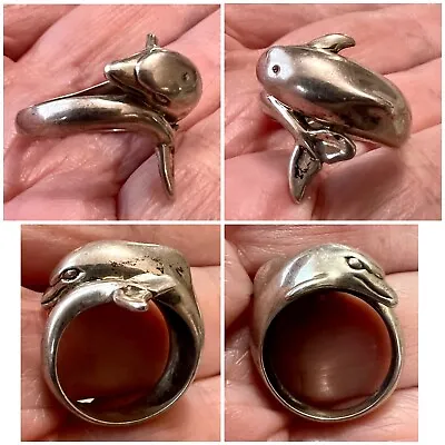 Vintage Signed KABANA Sterling Silver Figural DOLPHIN Ring Size 5 • $27.99