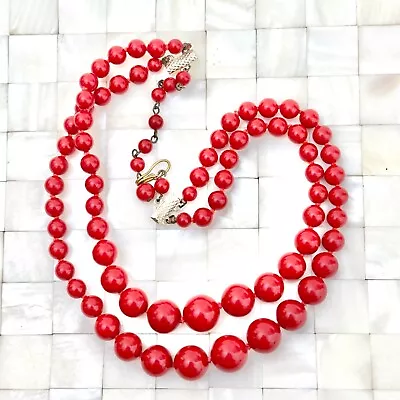 Double Layer Red Beaded Necklace Knotted Between The Vintage Strand Lot #1058 • $10.19