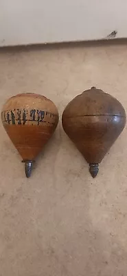 Vintage Lot Of 2 Antique Wooden Painted Grooved Spinning Tops With Metal Tips • $14.95