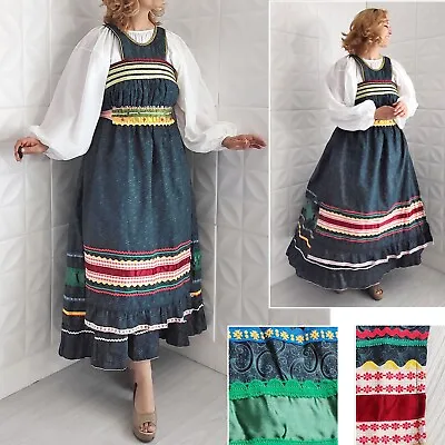 Vintage European Folk 4-Piece Outfit 70s Dress Peasant Top Apron Belt Ribbon S M • $125