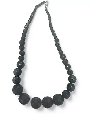 Antique Jet Black Glass Bead 24  NECKLACE GRADUATED SIZE FACETED BEADS LOVELY • $16.99