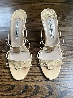 Manolo Blahnik Snake Print Leather Strappy Leather Sandals Sz. 38 Beige • $115