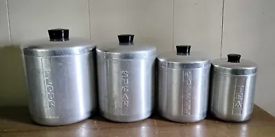 Vintage Brushed Aluminum Canister Storage Jar Set Flour Sugar Coffee Tea Mcm • $19.99