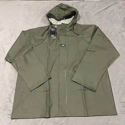 Helly Hansen Work Jacket Mens XL Army Green Rain Coat Snap Button PVC Coated NEW • $71.99