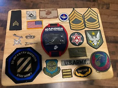 Lot Of  20 U.S. Military Patches Flags ARMY-MARINES PINS INSIGNIA SEE PHOTOS  • $12.28