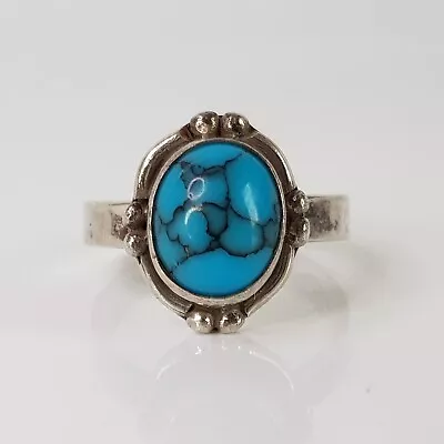 Vintage Sterling Silver Turquois Ring Band Boho Indie Size P 925 Blue Thick • $16