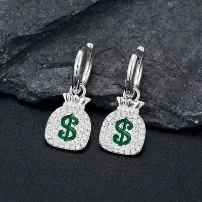 1 Ct 925 Sterling Silver MONEY BAG Earrings For Women Men $ Sign Cubic Zirconia • $59.33