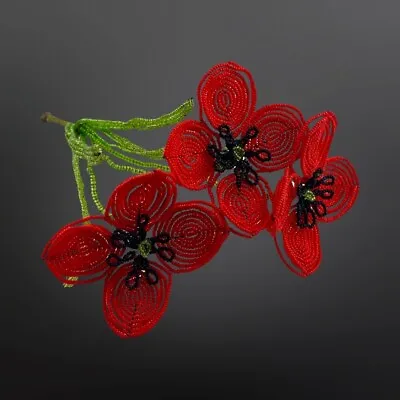 Vintage French Glass Beaded Red Buttercups 3 Flower Bouquet 8” • $49