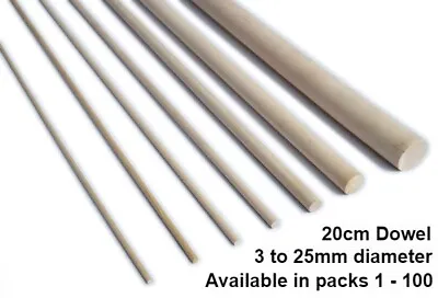 20cm Birch Hardwood Dowels / Craft Sticks (sizes 3mm - 25mm) *Packs 1-100 • £100