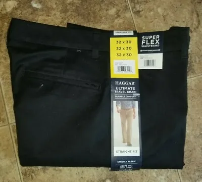 Mens Haggar Ultimate Travel Khaki Straight Fit Black Super Flex 3 • $19.96