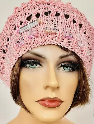 Hand Knits 2 Love Cotton Slouch Hat Peach Pink Adjustable Fit Designer Lace Hip • $40.50