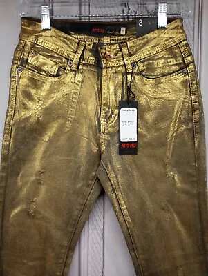 NWT MYSTIQ Womens High Waisted Jeans SZ 3 Unique Gold Spray Paint Look $66 MSRP • £28.63