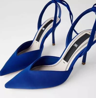 Nwt Zara Womens Blue Low Vamp Ankle Wrap Pointed Toe Heeled Shoes. Uk 6/eu 39. • £50