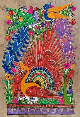 15 1/2 X 23  Mexican Folk Art Amate Bark Painting Aztec Love Bird Peacock Flower • $29.99