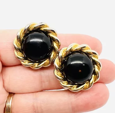 Large PAOLO GUCCI Rope Twist Black Cabochon Clip Backs Vintage Jewelry • $34.50