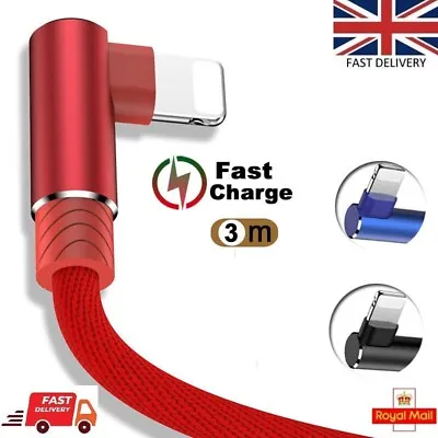 3M Long Lead For Apple IPhone IPad 90° Elbow USB Data Fast Charge Charger Cable • £1.49
