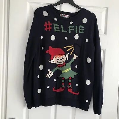 Primark “# Elfie “ Christmas Festive Jumper Navy Blue Sweater Size UK  Large • £12.99