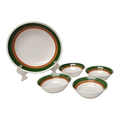 5PC Neiman Marcus Green Orange Stripe Soup & Serving Bowls   • £199.59