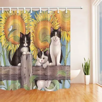 Cute Cat Shower Curtain For Bathroom Sunflower Floral Print Bath Curtains • $17.85