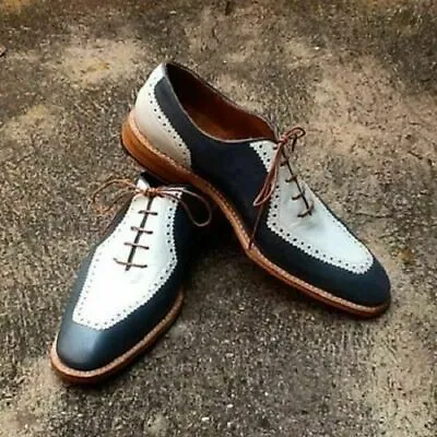 Mens Handmade Shoes Spectator Blue & White Two Tone Leather Lace Up Dress Shoes • £139.99