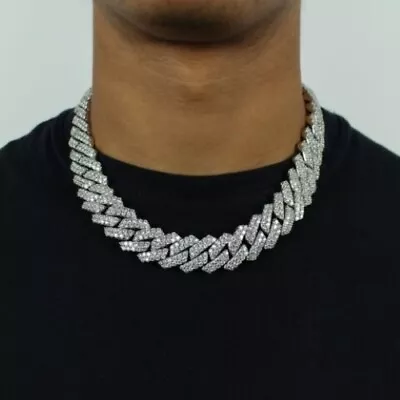 Miami Cuban Link Chain Classic 15 Mm Iced A+++ Out Rhinestones White Gold Plated • $25.95