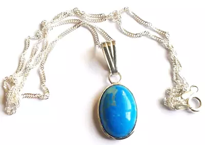 Exquisite  Sterling Silver Mount & Turquoise Cabochon Oval Pendant Necklace. • £23.65