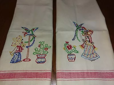 Vtg Pair Irish Linen Glass Tea Towels Embroidered Mexican Boy Girl Red Borders  • $11.99