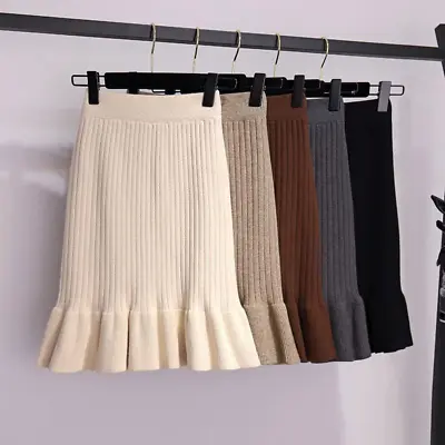 Women Elastic Waist Midi Knit Skirt Ruffle Fishtail Skirt Half Dress Slim Skirt • £18.59