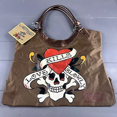 VTG Don Ed Hardy Oversized Brown  Love Kills Slowly  Shoulder Bag Tote Purse 17  • $29.99