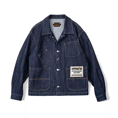 Pockets Denim Coat Men's Denim Jacket Vintage Casual Coat Work Lapel Top Blue • $71.88