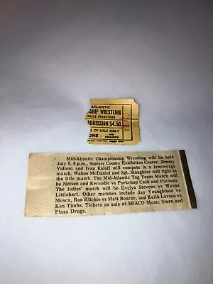 Original 1980's NWA Mid-Atlantic Wrestling Ticket Stub W/ Newspaper Clipping WWE • $29.99