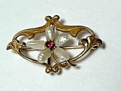 Antique Art Nouveau Mississippi Pearl Flower 10K Yellow Gold Watch Pin Brooch • $245