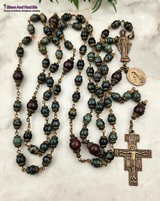7 Joys Of Mary Franciscan Crown 7 Decades Vintage Bronze Green Jasper Rosary • $196